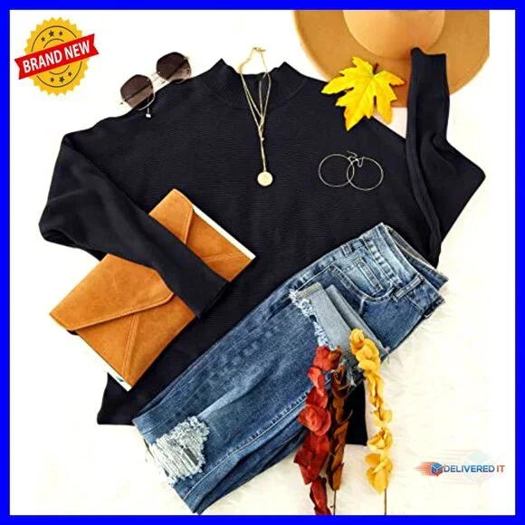 Ribbed Knit Turtleneck Pullover Batwing Sleeves Oversized Casual Soft Sweater - Picture 4 of 7